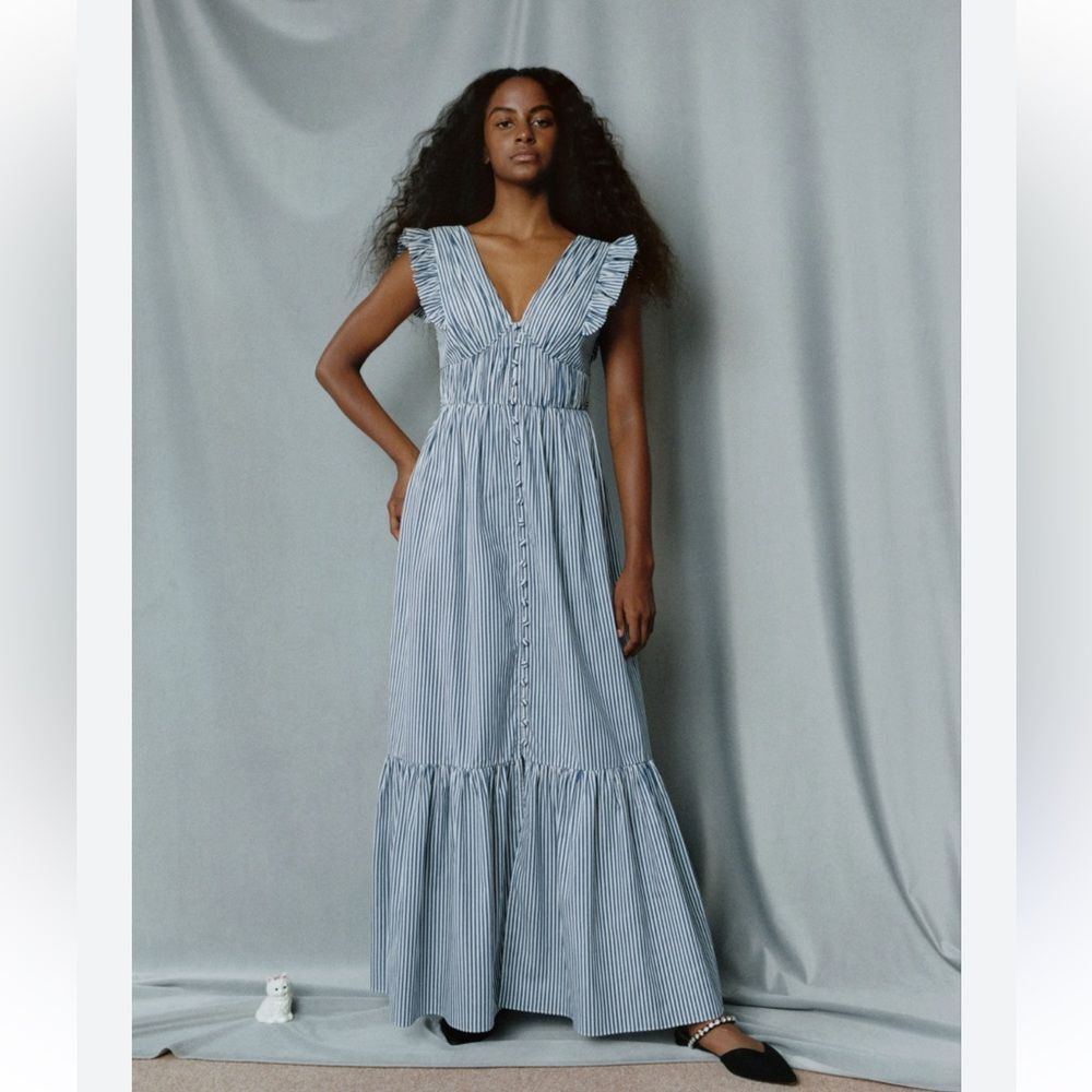 O. P. T. Stella Blue & White Striped Tiered Ruffle Midi Maxi Dress Size Medium - Picture 1 of 16